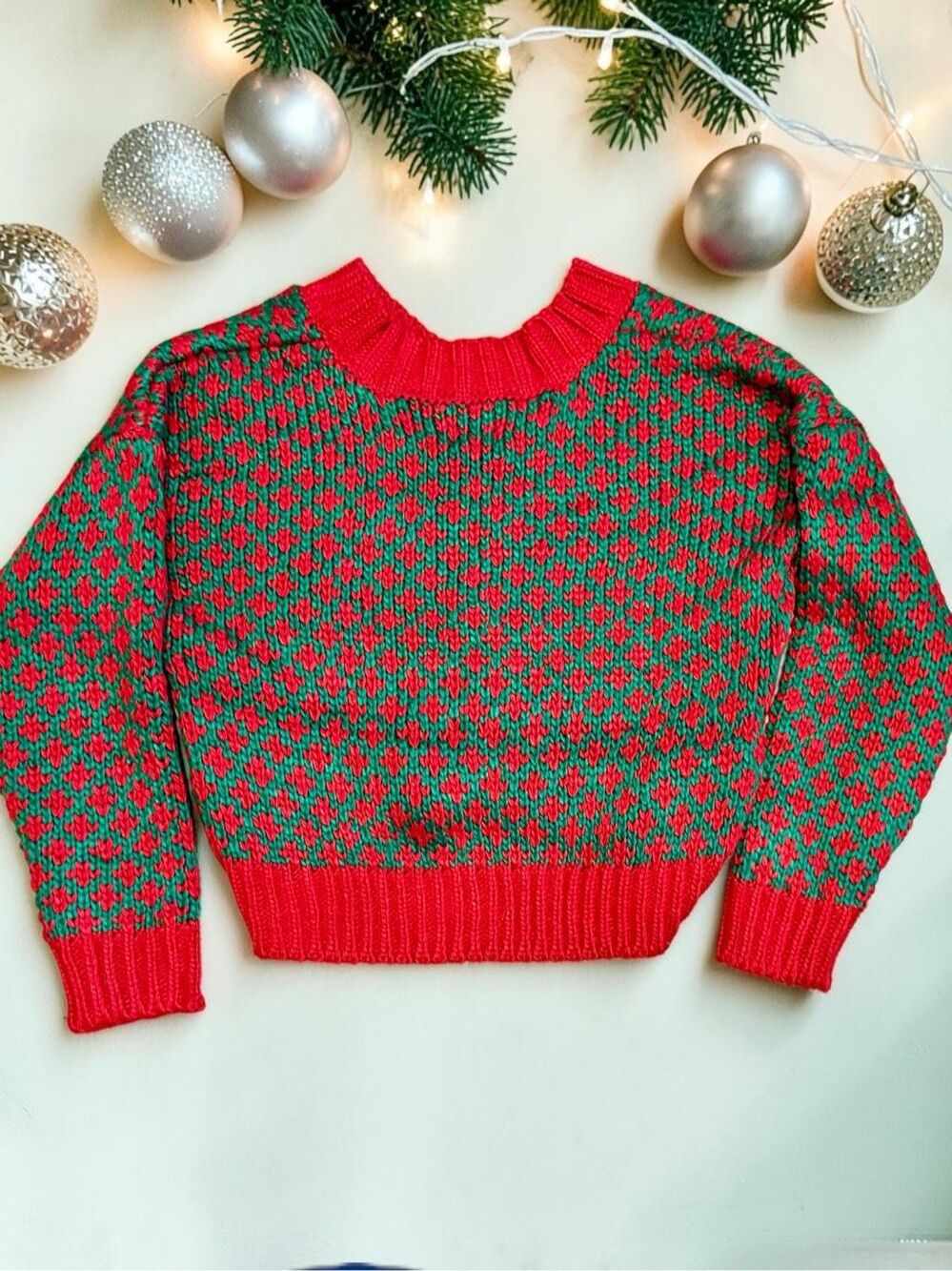 SO ME Christmas Sweater Red Green Oversized V Neck Chunky Knit Holiday NEW - Picture 8 of 11